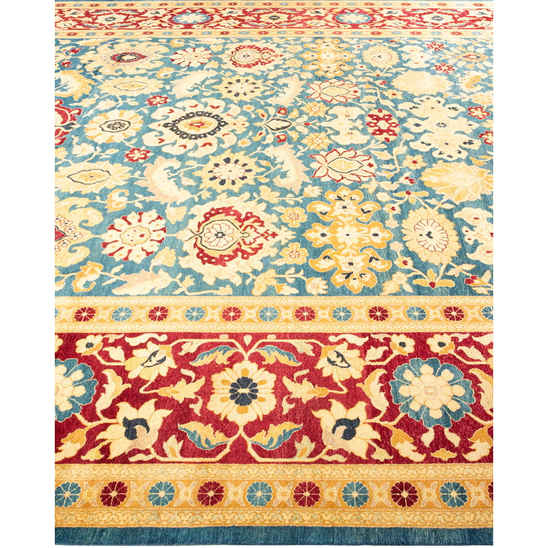 Hand-Knotted Blue Wool Floral 9' x 12' Area Rug
