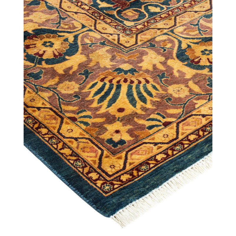 Hand-Knotted Blue and Gold Wool Rectangular Area Rug