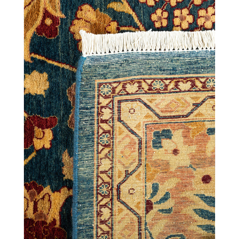 Hand-Knotted Blue and Gold Wool Rectangular Area Rug