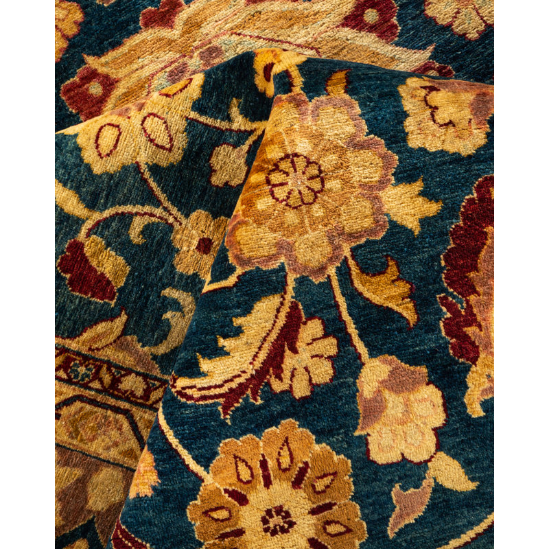 Hand-Knotted Blue and Gold Wool Rectangular Area Rug