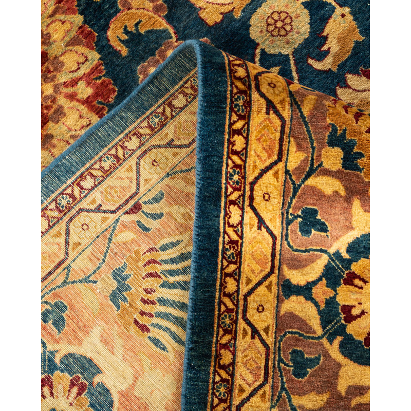 Hand-Knotted Blue and Gold Wool Rectangular Area Rug
