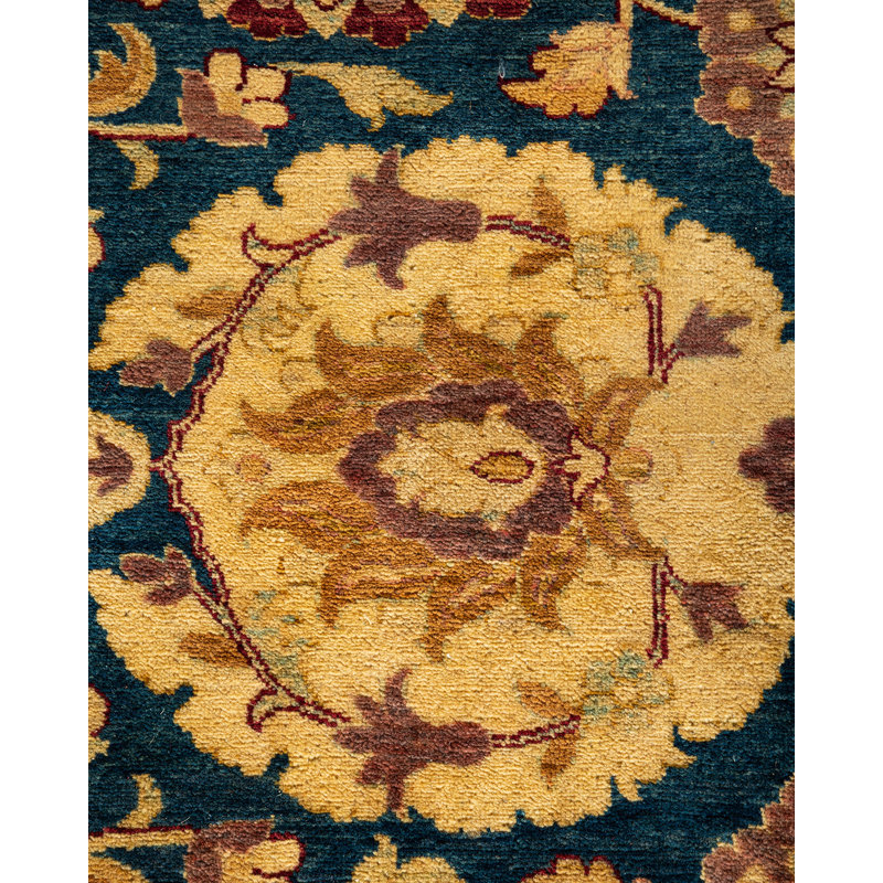 Hand-Knotted Blue and Gold Wool Rectangular Area Rug