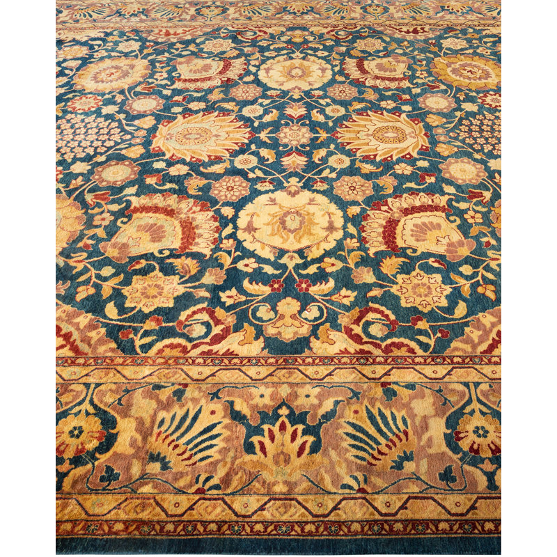 Hand-Knotted Blue and Gold Wool Rectangular Area Rug