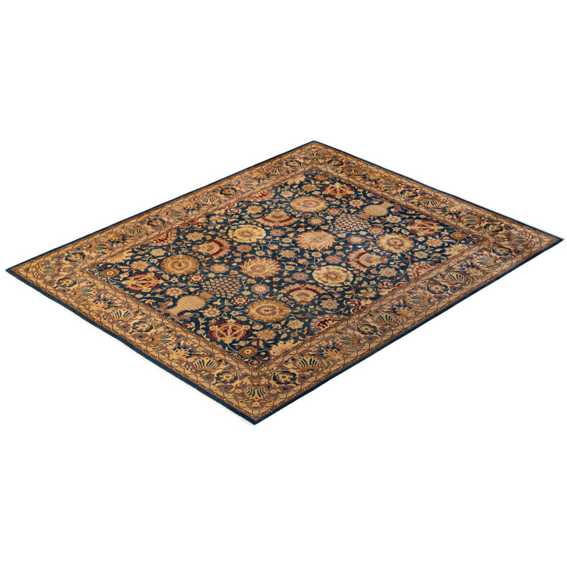 Hand-Knotted Blue and Gold Wool Rectangular Area Rug