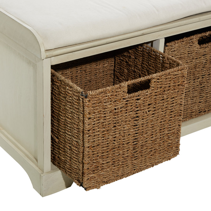 Elegant White Linen Cushioned Storage Bench with Wicker Baskets