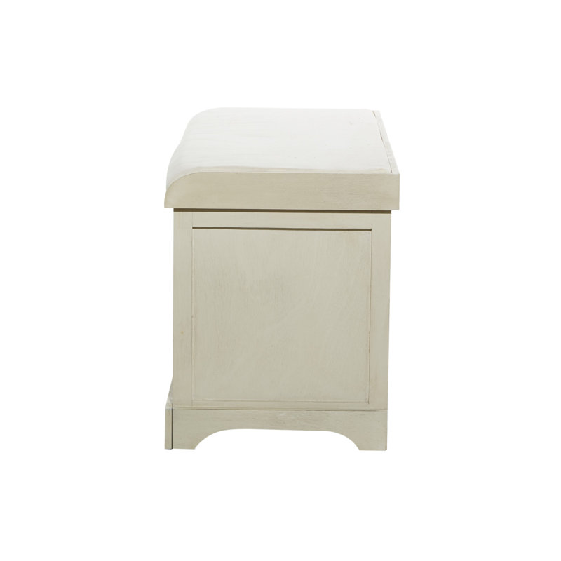 Elegant White Linen Cushioned Storage Bench with Wicker Baskets