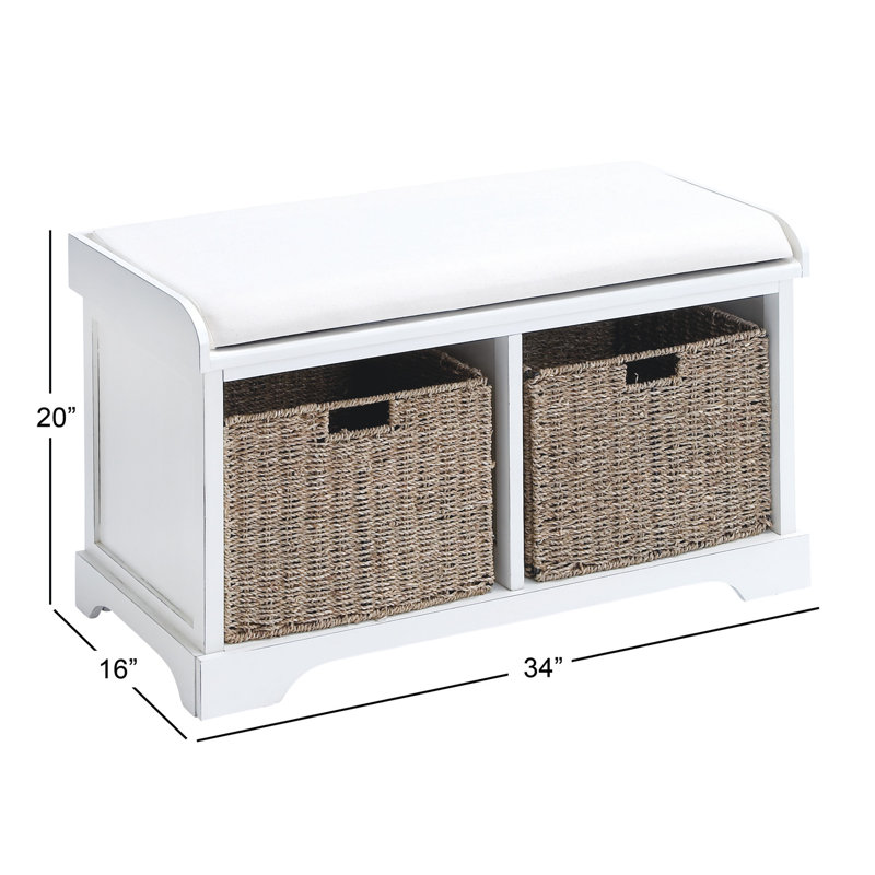 Elegant White Linen Cushioned Storage Bench with Wicker Baskets