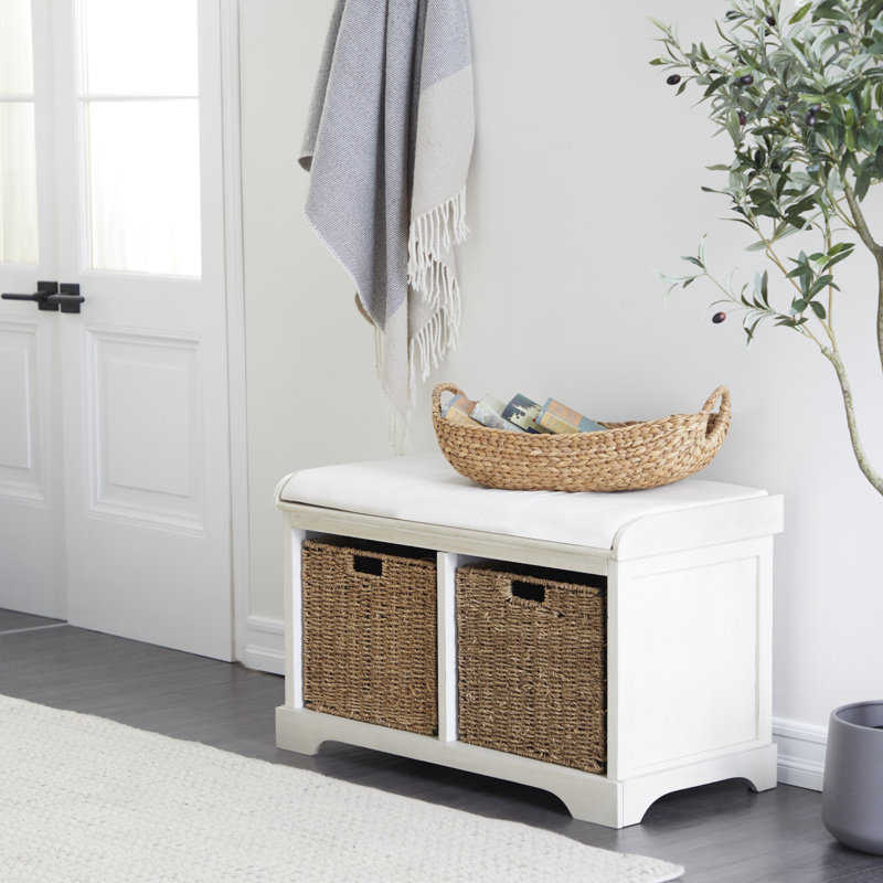 Elegant White Linen Cushioned Storage Bench with Wicker Baskets