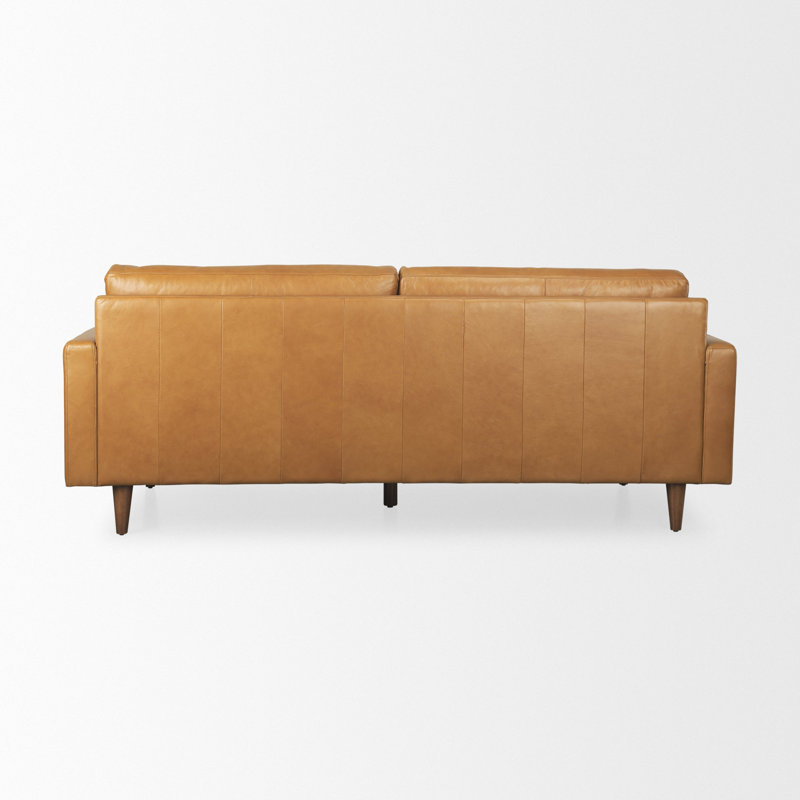 Olaf Tan Genuine Leather Tufted Sofa with Tapered Wood Legs