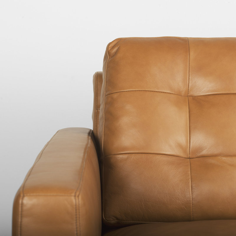 Olaf Tan Genuine Leather Tufted Sofa with Tapered Wood Legs