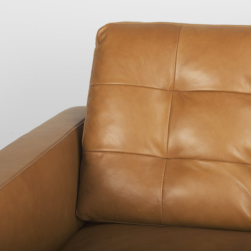Olaf Tan Genuine Leather Tufted Sofa with Tapered Wood Legs