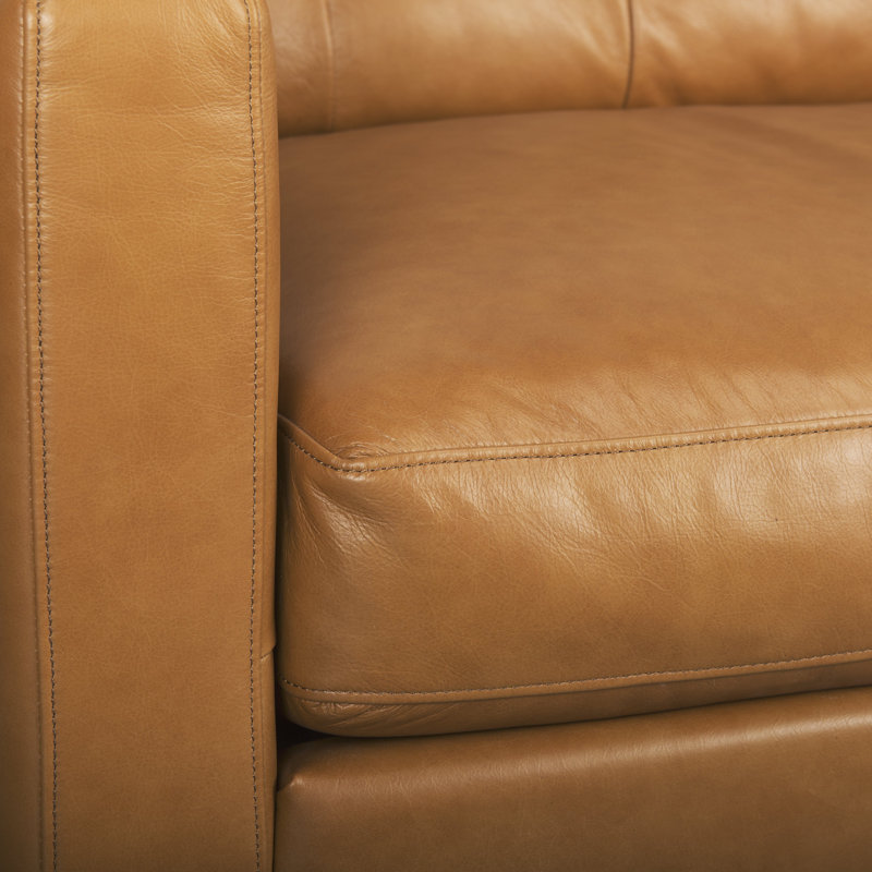 Olaf Tan Genuine Leather Tufted Sofa with Tapered Wood Legs