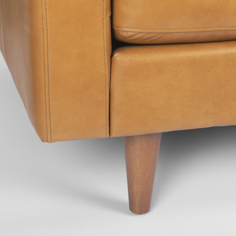 Olaf Tan Genuine Leather Tufted Sofa with Tapered Wood Legs