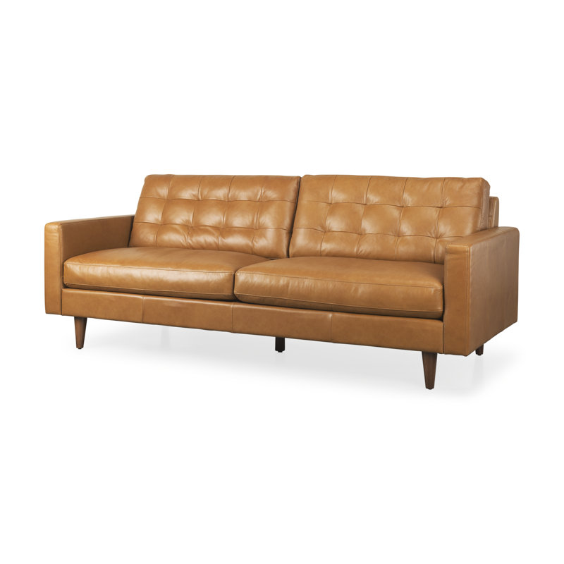 Olaf Tan Genuine Leather Tufted Sofa with Tapered Wood Legs