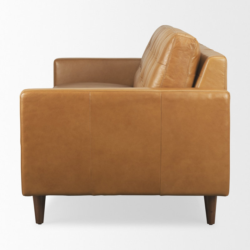 Olaf Tan Genuine Leather Tufted Sofa with Tapered Wood Legs