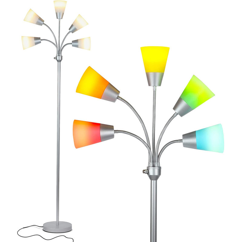 Silver 78" Adjustable 5-Light LED Floor Lamp with White Shades