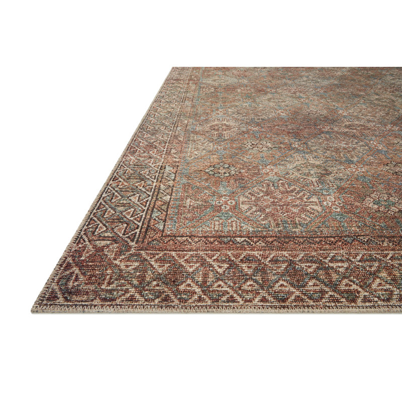 Aqua and Rust Distressed 6' x 9' Synthetic Easy-Care Area Rug