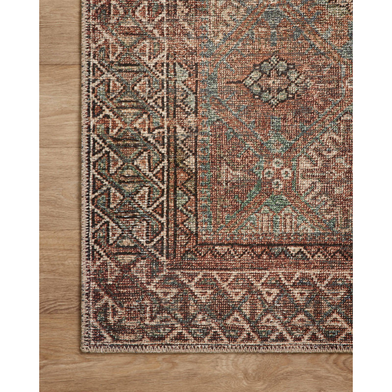 Aqua and Rust Distressed 6' x 9' Synthetic Easy-Care Area Rug
