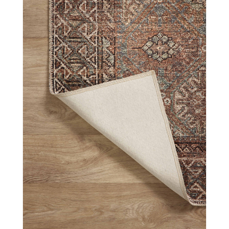 Aqua and Rust Distressed 6' x 9' Synthetic Easy-Care Area Rug