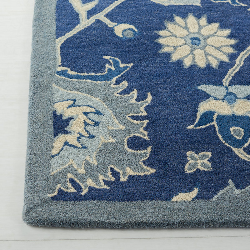Chic Floral Blue/Ivory Hand-Knotted Wool Area Rug 8' x 10'