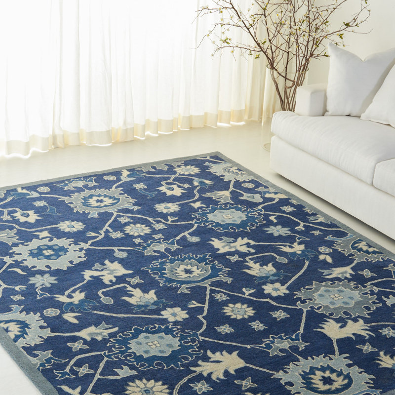 Chic Floral Blue/Ivory Hand-Knotted Wool Area Rug 8' x 10'