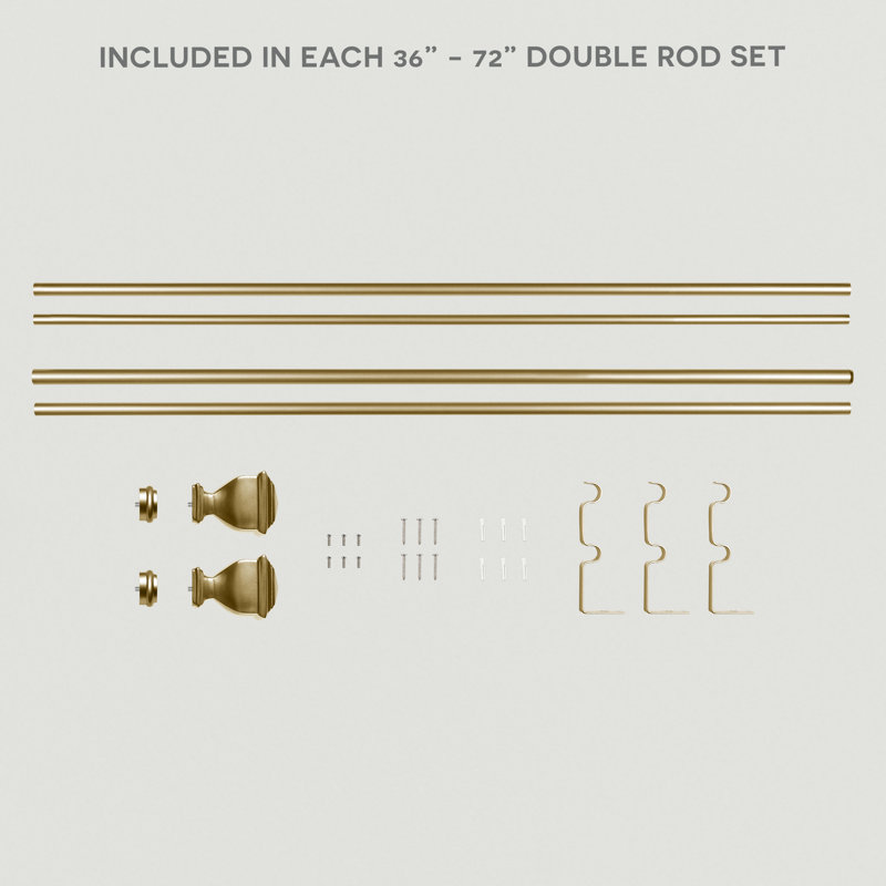 Gold Adjustable Double Curtain Rod with Carved Finials, 36"-72"