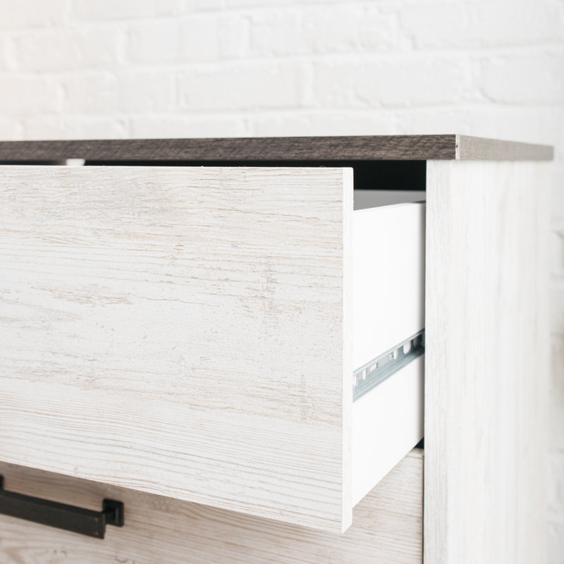 Transitional Whitewash & Gray 59" Industrial 6-Drawer Dresser