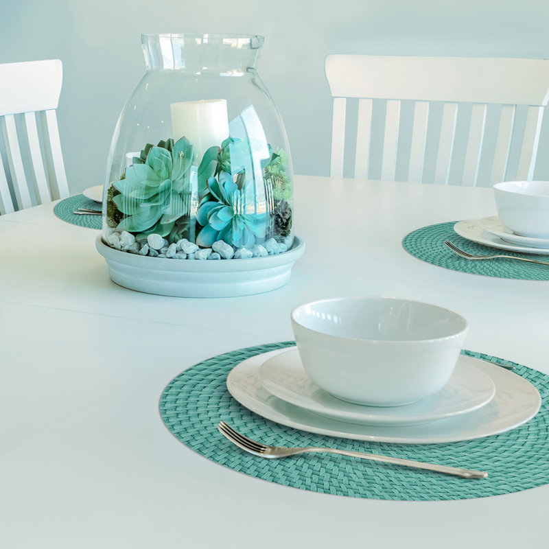 Teal and Beige Reversible Round Plastic Placemats, Set of 4
