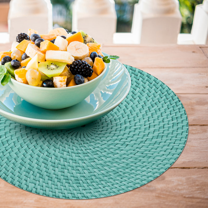 Teal and Beige Reversible Round Plastic Placemats, Set of 4