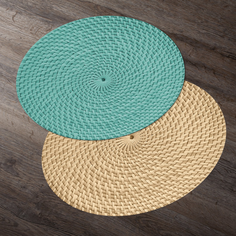 Teal and Beige Reversible Round Plastic Placemats, Set of 4