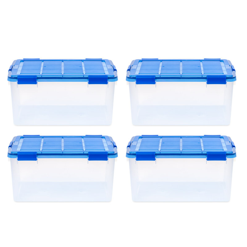 60 Quart Clear Plastic Storage Bins with Blue Lids, Set of 4