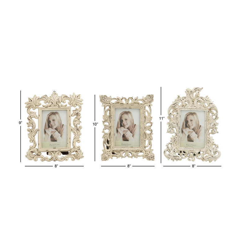 Distressed White Polystone Scrollwork Photo Frames Set of 3