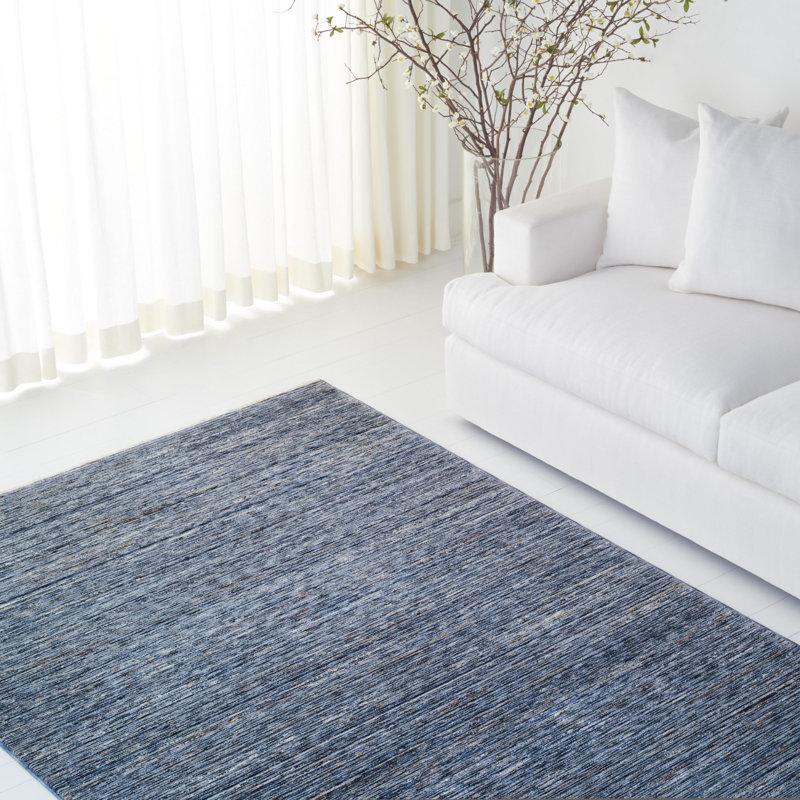 Handmade Blue Stripe Synthetic Square Area Rug