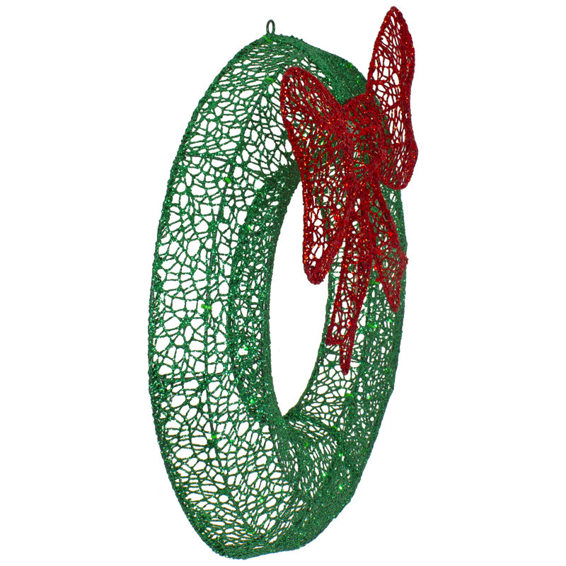 24" LED Lighted Green Glitter Wreath with Red Bow