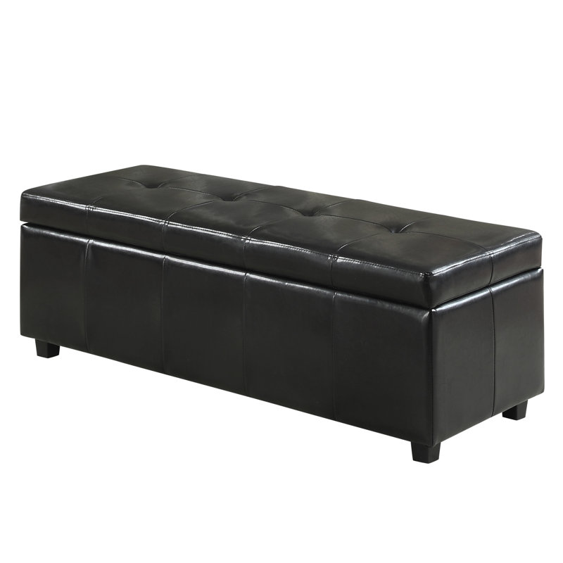 Midnight Black Bonded Leather Tufted Storage Ottoman Bench