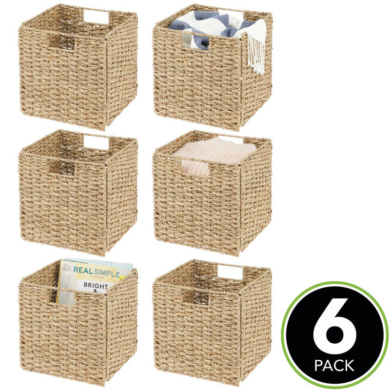 Natural Seagrass Woven Cube Storage Baskets with Handles, Set of 6