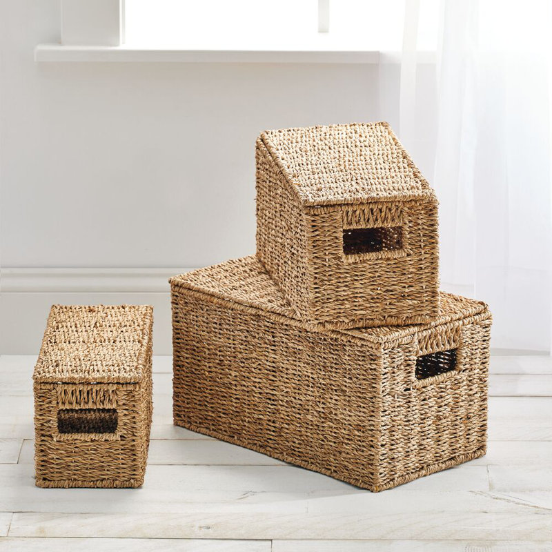 Natural Seagrass Rectangular Storage Baskets with Lids, Set of 3