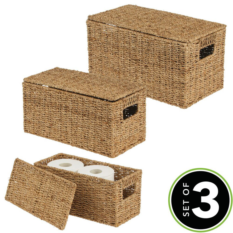 Natural Seagrass Rectangular Storage Baskets with Lids, Set of 3