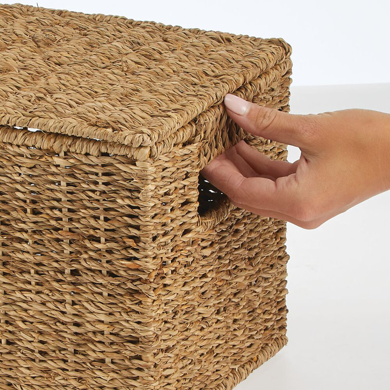 Natural Seagrass Rectangular Storage Baskets with Lids, Set of 3