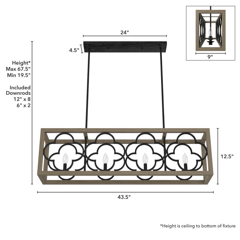 French Oak and Iron 4-Light Linear Chandelier