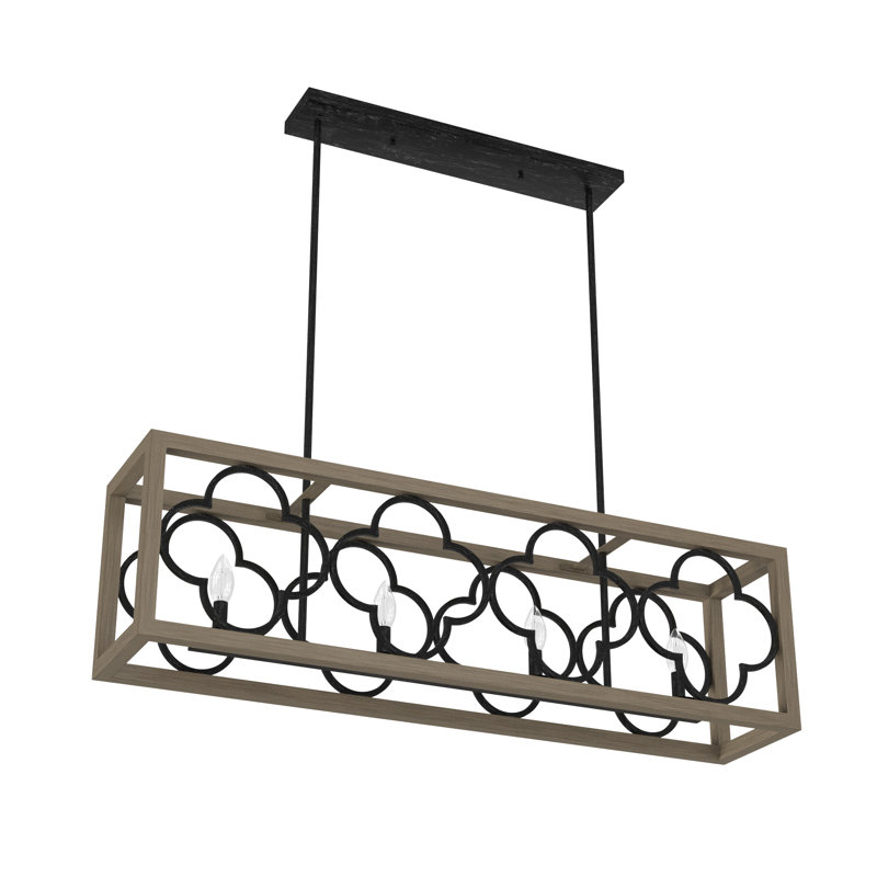 French Oak and Iron 4-Light Linear Chandelier