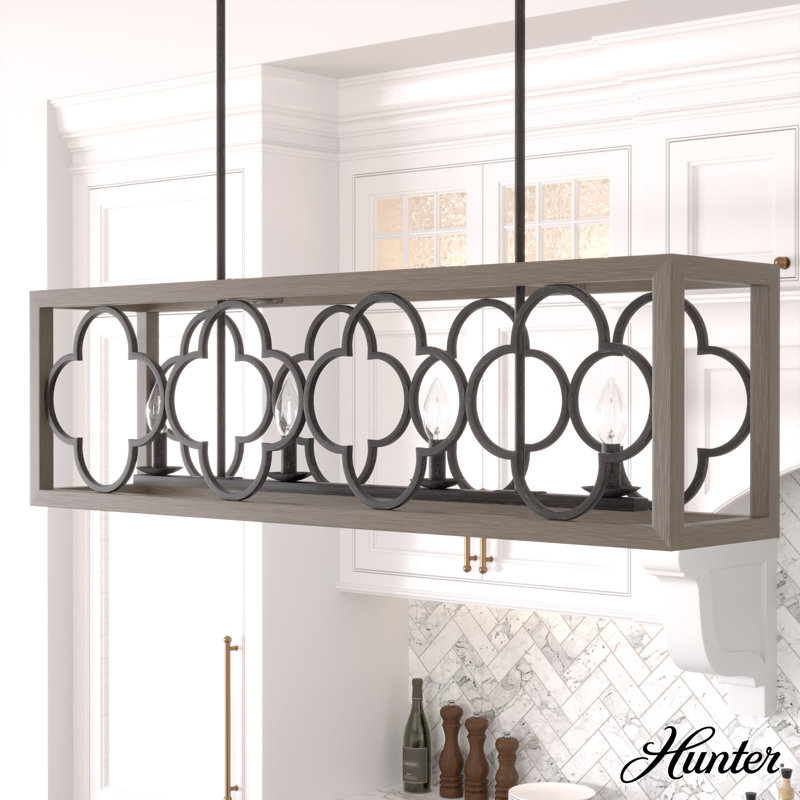 French Oak and Iron 4-Light Linear Chandelier