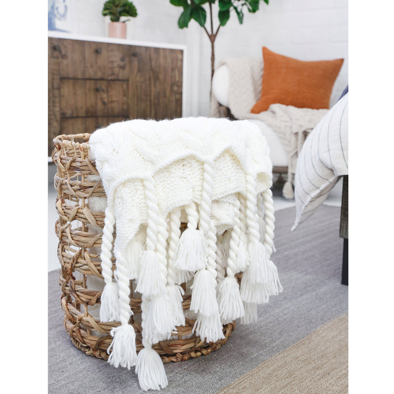 Winter White Knitted Acrylic Throw with Tassels