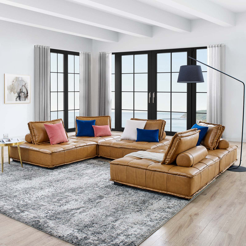 Tan Tufted Faux Leather 5-Piece Sectional Sofa