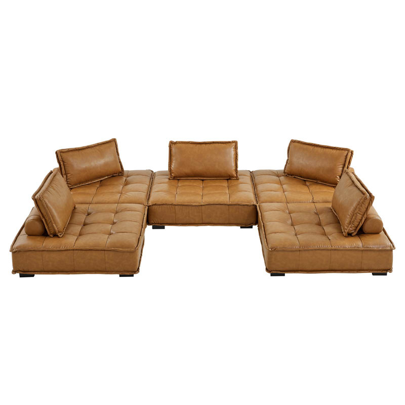Tan Tufted Faux Leather 5-Piece Sectional Sofa