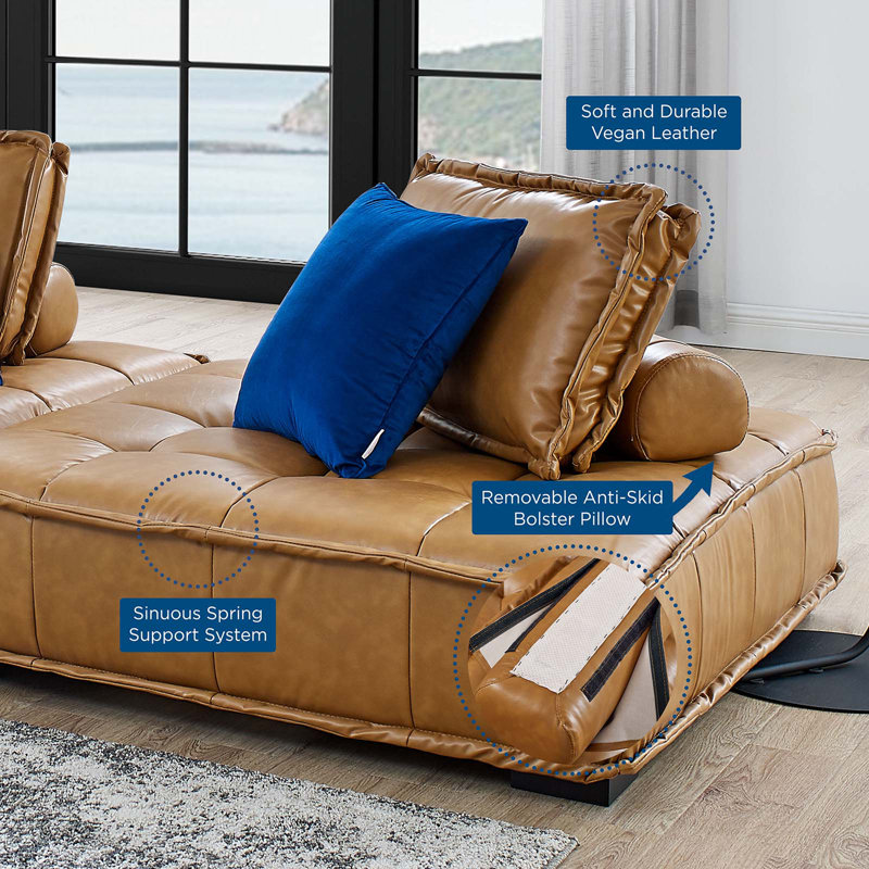 Tan Tufted Faux Leather 5-Piece Sectional Sofa
