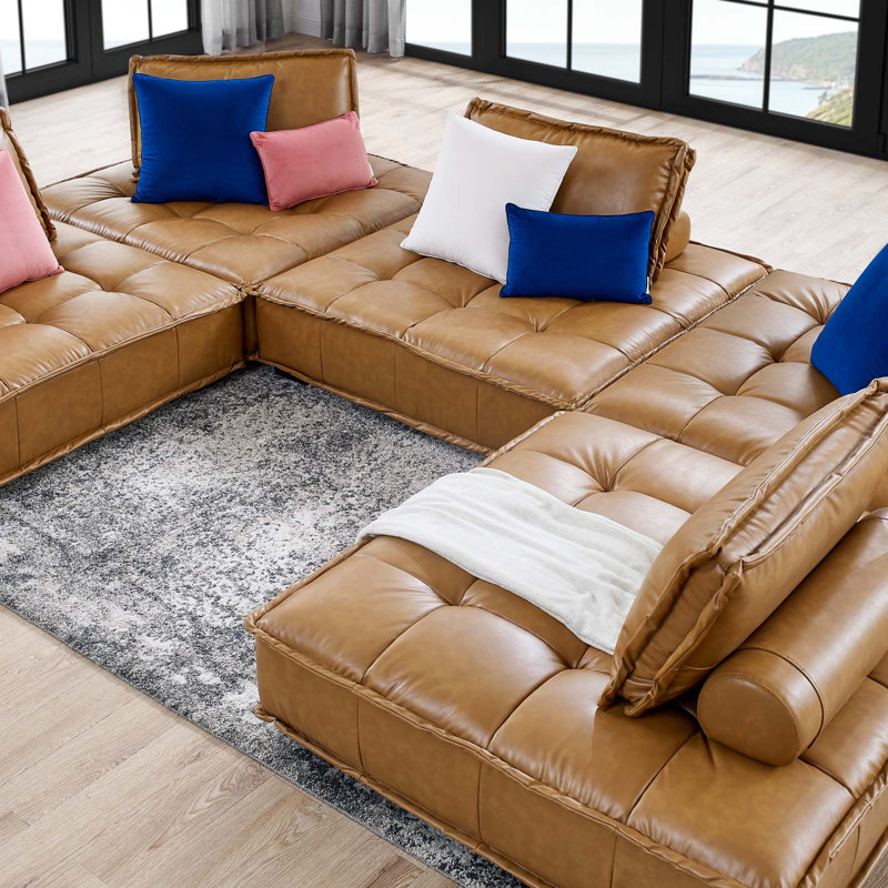 Tan Tufted Faux Leather 5-Piece Sectional Sofa