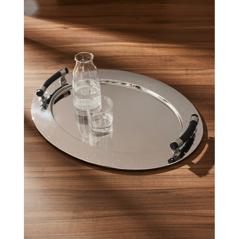 Sleek Stainless Steel Oval Serving Tray with Black Handles