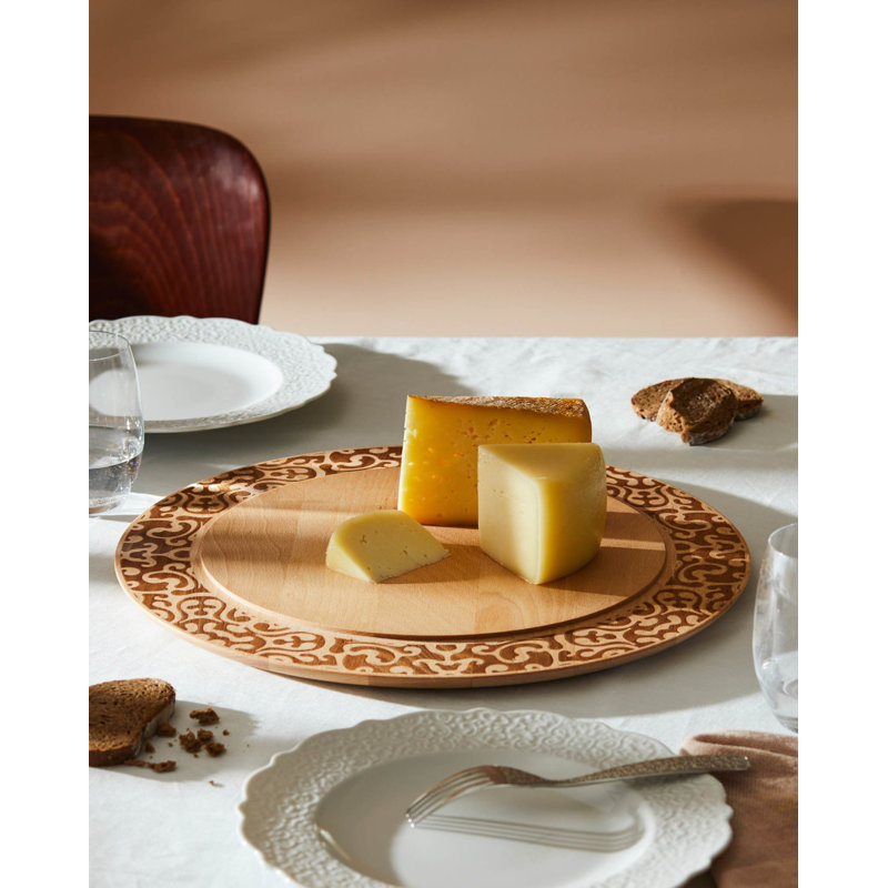 Beech Wood Round Cheese Board with Intricate Design