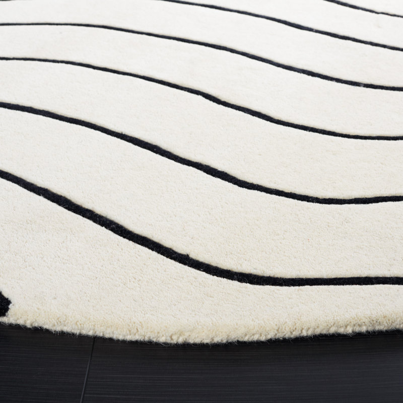 Ivory Geometric Hand Tufted Round Wool & Silk Rug, 47"